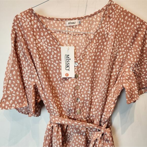 New Boho Maxi Dress Elastic Waist Pink Side Slit Belted Waist Women's XL - Picture 4 of 10